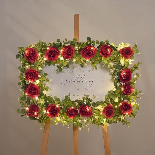 2Pcs 13Ft Artificial Eucalyptus Garlands with Flowers - 8 Roses, Faux Floral Greenery Garlands with 13Ft String, alternate