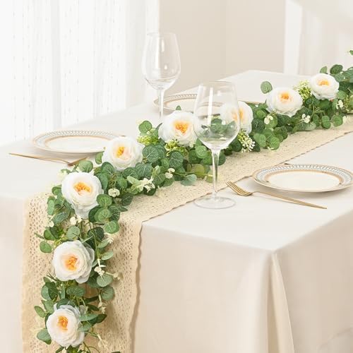 2Pcs 13Ft Artificial Eucalyptus Garlands with Flowers, Faux Floral Greenery Garlands Fake Flowers Vines for, alternate view 2