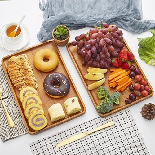 2pcs 15"x10" Solid Acacia Wood Serving Trays Rectangular Wooden Serving Platters Natural Wooden Boards for Bar, alternate