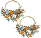 2PCS 16 inch Wood Beads Wreath, Fall Wreaths for Front Door, Eucalyptus Berries Pumpkins Lamb Ears Leaves Autumn