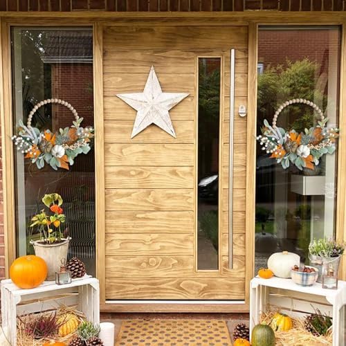 2PCS 16 inch Wood Beads Wreath, Fall Wreaths for Front Door, Eucalyptus Berries Pumpkins Lamb Ears Leaves Autumn, alternate