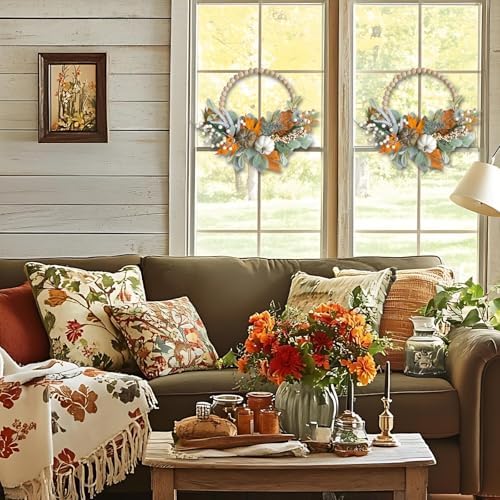 2PCS 16 inch Wood Beads Wreath, Fall Wreaths for Front Door, Eucalyptus Berries Pumpkins Lamb Ears Leaves Autumn, alternate