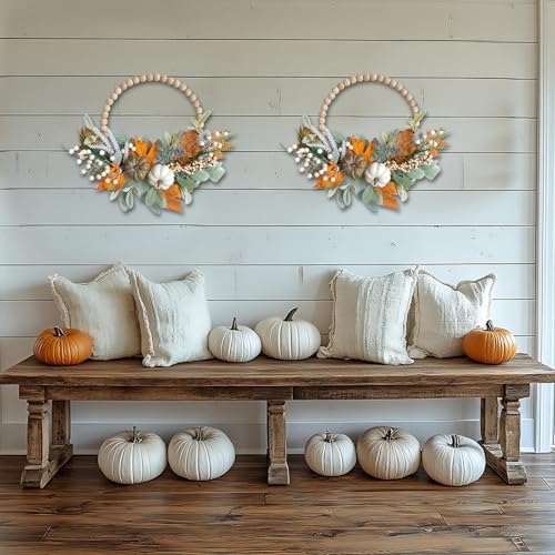 2PCS 16 inch Wood Beads Wreath, Fall Wreaths for Front Door, Eucalyptus Berries Pumpkins Lamb Ears Leaves Autumn, alternate