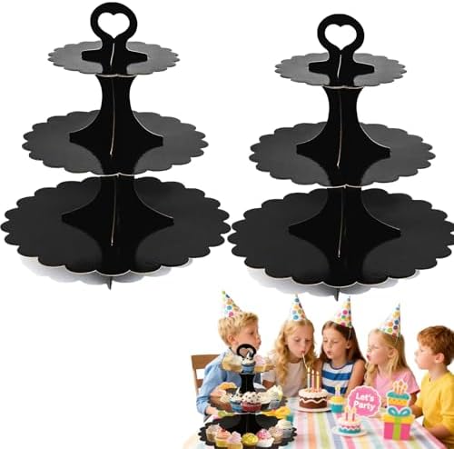 2PCS 3 Tier Black Cupcake Stand, Cupcake Stand Cardboard - Easy to Assemble& Reusable(Lace Black) in 2pcs-lace