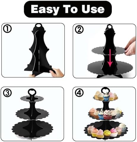 2PCS 3 Tier Black Cupcake Stand, Cupcake Stand Cardboard - Easy to Assemble& Reusable(Lace Black) in 2pcs-lace, alternate