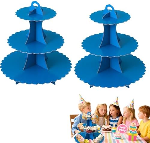 2PCS 3 Tier Blue Cupcake Stand, Cupcake Stand Cardboard - Easy to Assemble& Reusable(Lace Blue) in 2pcs-lace