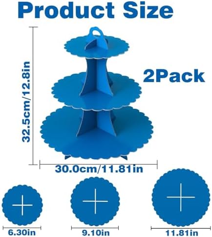 2PCS 3 Tier Blue Cupcake Stand, Cupcake Stand Cardboard - Easy to Assemble& Reusable(Lace Blue) in 2pcs-lace, alternate view