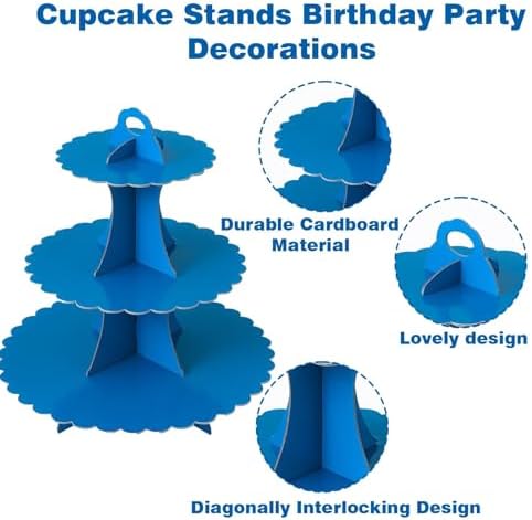 2PCS 3 Tier Blue Cupcake Stand, Cupcake Stand Cardboard - Easy to Assemble& Reusable(Lace Blue) in 2pcs-lace, alternate view