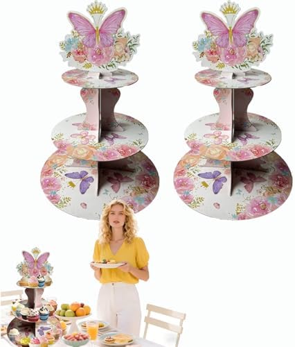 2PCS 3 Tier Butterfly Cupcake Stand, Suitable for Butterfly Themes - Easy to Assemble& Reusable(4Butterfly) in