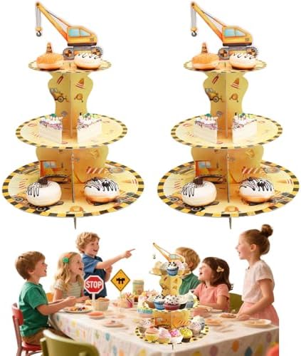 2PCS 3 Tier Construction Cupcake Stand, Cupcake Stand Cardboard - Easy to Assemble& Reusable(3Vehicle) in