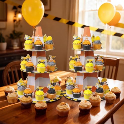 2Pcs 3 Tier Construction Theme Cupcake Stand Decoration in yellow, orange, alternate view 2
