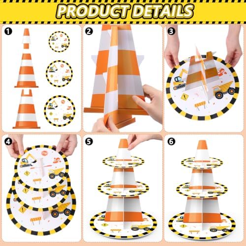 2Pcs 3 Tier Construction Theme Cupcake Stand Decoration in yellow, orange, alternate view 4