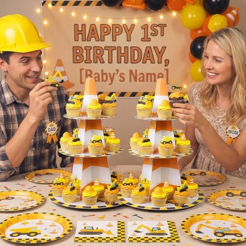 2Pcs 3 Tier Construction Theme Cupcake Stand Decoration in yellow, orange, alternate view 6