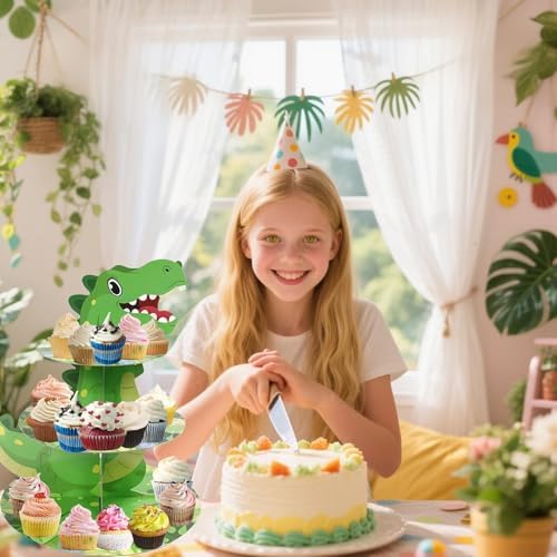 2PCS 3 Tier Dinosaur Cupcake Stand, Dino Cupcake Stand Cardboard - Easy to Assemble& Reusable(4Dinosaur) in, alternate view 2