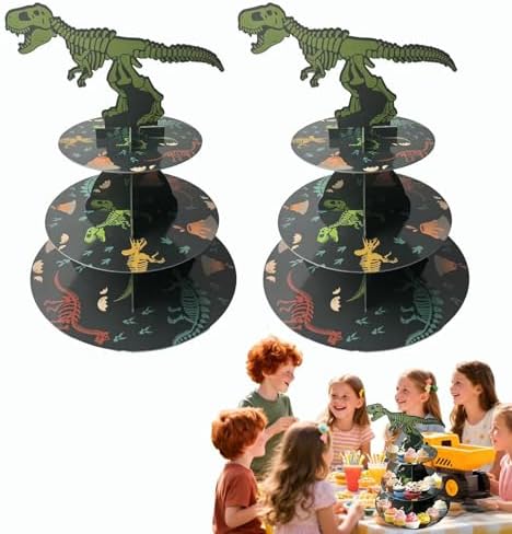 2PCS 3 Tier Dinosaur Cupcake Stand, Dino Cupcake Stand Cardboard - Easy to Assemble& Reusable(1Dinosaur) in