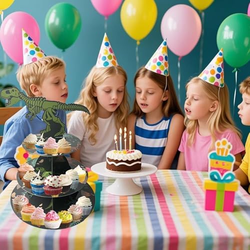 2PCS 3 Tier Dinosaur Cupcake Stand, Dino Cupcake Stand Cardboard - Easy to Assemble& Reusable(1Dinosaur) in, alternate view 2