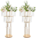 2Pcs 3-Tier Flower Stand, 28.34in Tall Gold Geometric Centerpiece Display with Crystal Pendants, Ice Curtain