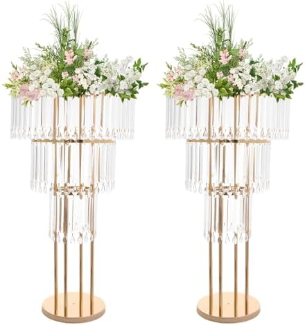 2Pcs 3-Tier Flower Stand, 28.34in Tall Gold Geometric Centerpiece Display with Crystal Pendants, Ice Curtain