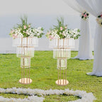 2Pcs 3-Tier Flower Stand, 28.34in Tall Gold Geometric Centerpiece Display with Crystal Pendants, Ice Curtain, alternate view