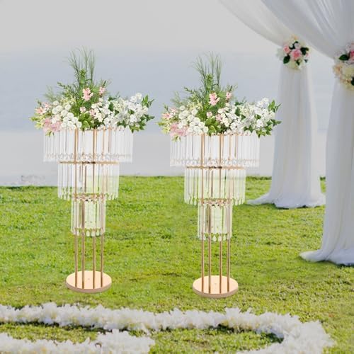 2Pcs 3-Tier Flower Stand, 28.34in Tall Gold Geometric Centerpiece Display with Crystal Pendants, Ice Curtain, alternate view