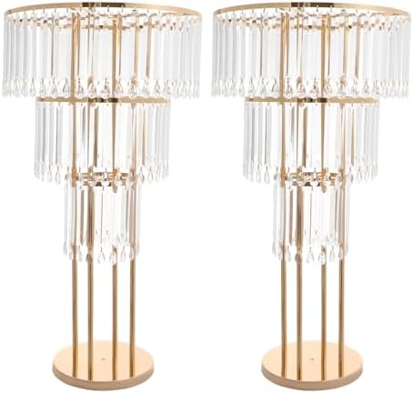 2Pcs 3-Tier Flower Stand, 28.34in Tall Gold Geometric Centerpiece Display with Crystal Pendants, Ice Curtain, alternate view