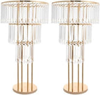 2Pcs 3-Tier Flower Stand, 28.34in Tall Gold Geometric Centerpiece Display with Crystal Pendants, Ice Curtain, alternate view