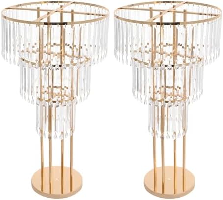 2Pcs 3-Tier Flower Stand, 28.34in Tall Gold Geometric Centerpiece Display with Crystal Pendants, Ice Curtain, alternate view