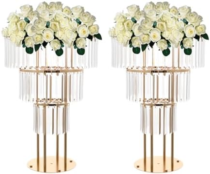 2PCS 3-Tier Gold Crystal Flower Stand for for Wedding(Round Base)