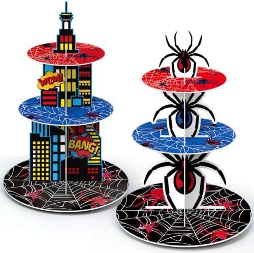 2Pcs 3 Tier Hero Party Decorations Spider Cupcake Stand in Red, Blue, Black