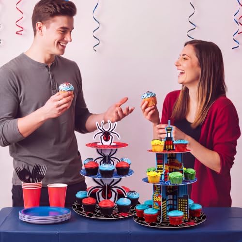 2Pcs 3 Tier Hero Party Decorations Spider Cupcake Stand in Red, Blue, Black, alternate view 2