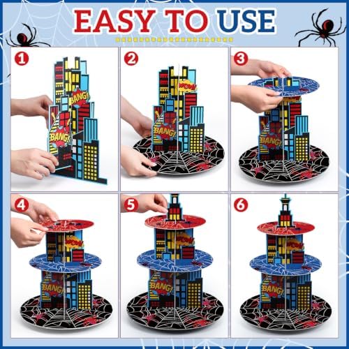 2Pcs 3 Tier Hero Party Decorations Spider Cupcake Stand in Red, Blue, Black, alternate view 4