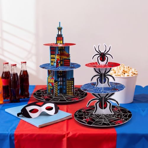2Pcs 3 Tier Hero Party Decorations Spider Cupcake Stand in Red, Blue, Black, alternate view 5