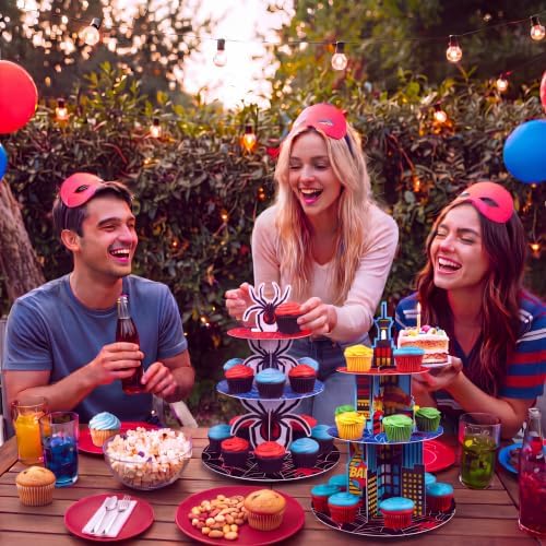 2Pcs 3 Tier Hero Party Decorations Spider Cupcake Stand in Red, Blue, Black, alternate view 6