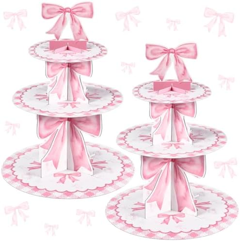 2pcs 3 Tier Pink Bow Cake Stand Birthday Party Decorations Cake Stand Pink Bow Dessert Tower for Wedding Garden
