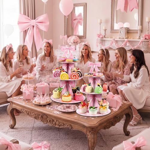 2pcs 3 Tier Pink Bow Cake Stand Birthday Party Decorations Cake Stand Pink Bow Dessert Tower for Wedding Garden, alternate