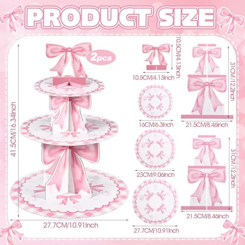 2pcs 3 Tier Pink Bow Cake Stand Birthday Party Decorations Cake Stand Pink Bow Dessert Tower for Wedding Garden, alternate