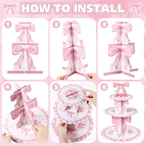 2pcs 3 Tier Pink Bow Cake Stand Birthday Party Decorations Cake Stand Pink Bow Dessert Tower for Wedding Garden, alternate