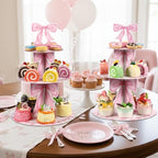 2pcs 3 Tier Pink Bow Cake Stand Birthday Party Decorations Cake Stand Pink Bow Dessert Tower for Wedding Garden, alternate