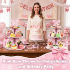 2pcs 3 Tier Pink Bow Cake Stand Birthday Party Decorations Cake Stand Pink Bow Dessert Tower for Wedding Garden, alternate