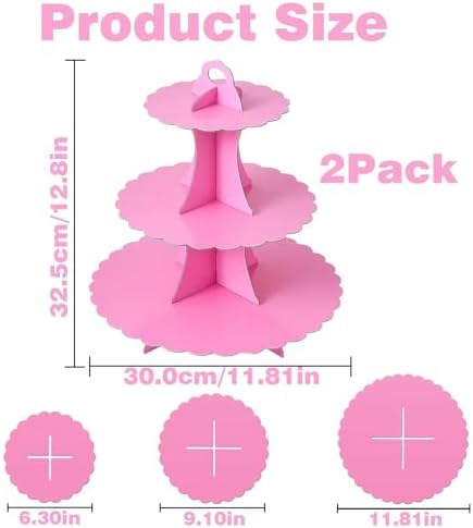 2PCS 3 Tier Pink Cupcake Stand, Cupcake Stand Cardboard - Easy to Assemble& Reusable(Lace Pink) in 2pcs-lace, alternate view