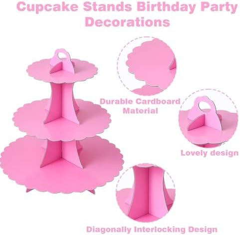 2PCS 3 Tier Pink Cupcake Stand, Cupcake Stand Cardboard - Easy to Assemble& Reusable(Lace Pink) in 2pcs-lace, alternate view