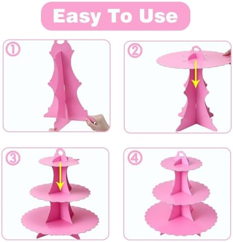 2PCS 3 Tier Pink Cupcake Stand, Cupcake Stand Cardboard - Easy to Assemble& Reusable(Lace Pink) in 2pcs-lace, alternate view