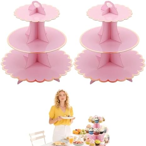 2PCS 3 Tier Pink Cupcake Stand, Cupcake Stand Cardboard - Easy to Assemble& Reusable(Bronzing Pink) in