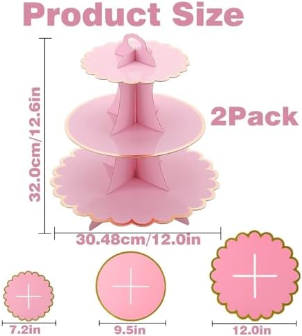 2PCS 3 Tier Pink Cupcake Stand, Cupcake Stand Cardboard - Easy to Assemble& Reusable(Bronzing Pink) in, alternate view 3