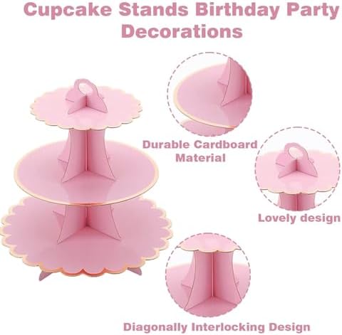 2PCS 3 Tier Pink Cupcake Stand, Cupcake Stand Cardboard - Easy to Assemble& Reusable(Bronzing Pink) in, alternate view 4