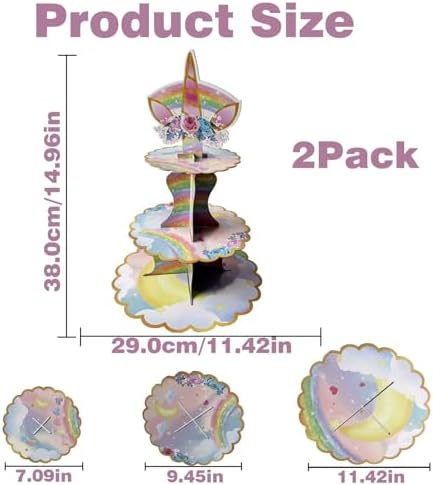 2PCS 3 Tier Unicorn Cupcake Stand, Cupcake Stand Cardboard - Easy to Assemble& Reusable(4Unicorn) in, alternate view 3