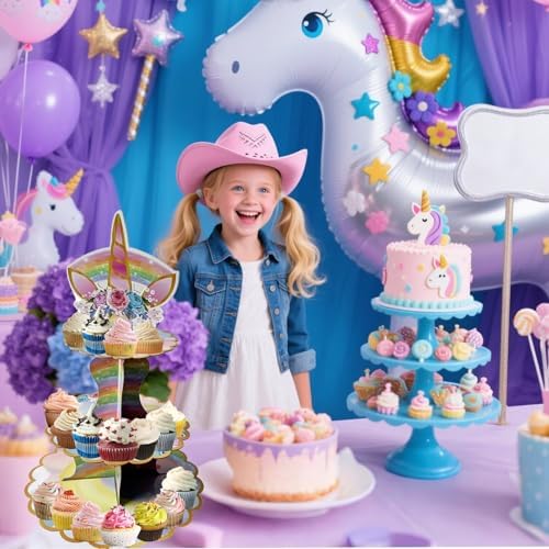 2PCS 3 Tier Unicorn Cupcake Stand, Cupcake Stand Cardboard - Easy to Assemble& Reusable(4Unicorn) in, alternate view 5