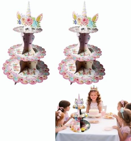 2PCS 3 Tier Unicorn Cupcake Stand, Cupcake Stand Cardboard - Easy to Assemble& Reusable(3Unicorn) in