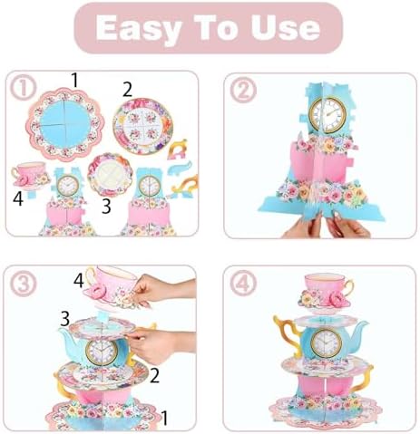 2PCS 3 Tier Woodland Animal Cupcake Stand, Cupcake Stand Cardboard - Easy to Assemble& Reusable(Tea) in 2pcs-tea, alternate