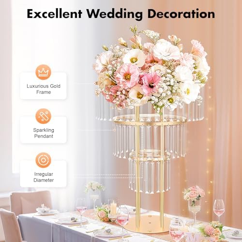 2Pcs 3 Tiers Wedding Centerpieces Vase, 28.4In Gold Acrylic Flower Vase with Hanging Crystals, Round Chandelier, alternate